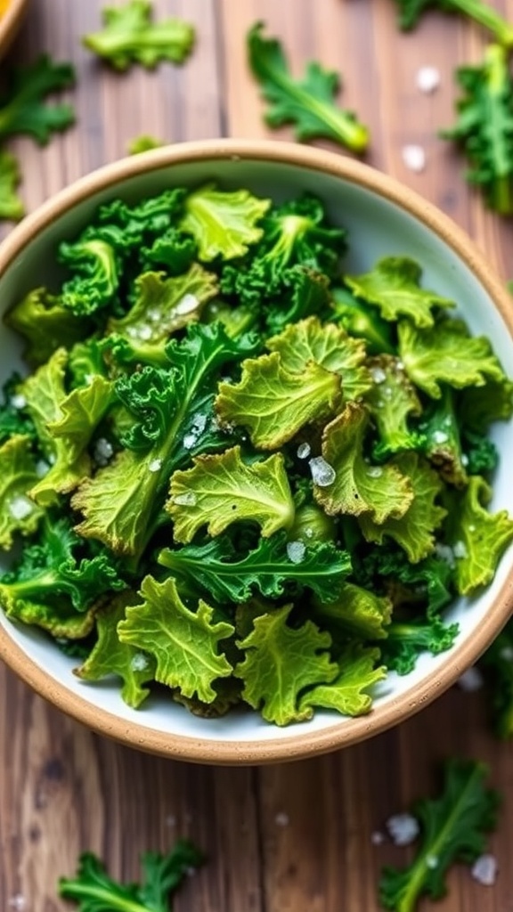 Crispy Baked Kale Chips Recipe A bowl of crispy kale chips on a wooden table, garnished with sea salt.